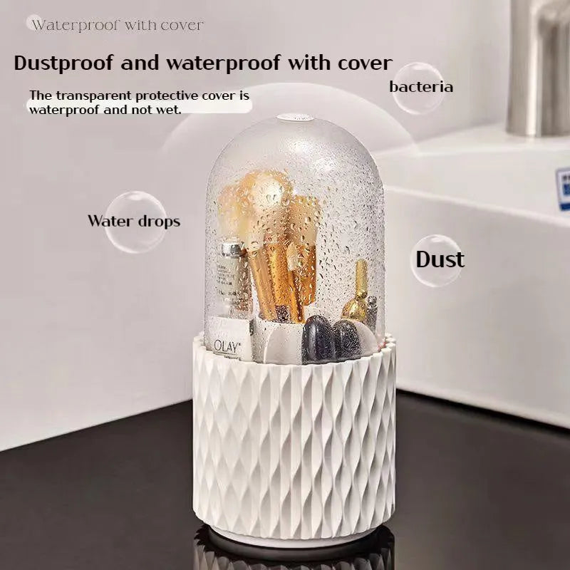 White rotating acrylic makeup brush holder with transparent dust cover showing brush compartments