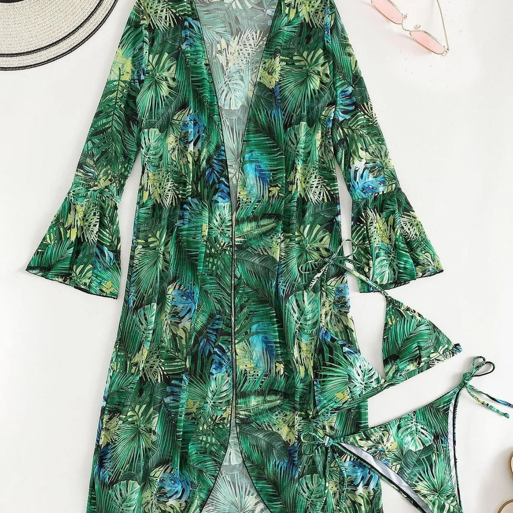 Three-piece split bikini cover beach swimsuit set in printed polyester with spandex lining, available in green flower and blue pattern