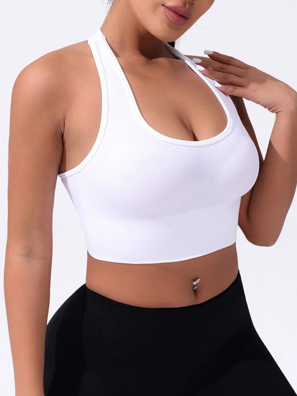 Black women's sports bra with cross back design for running and yoga