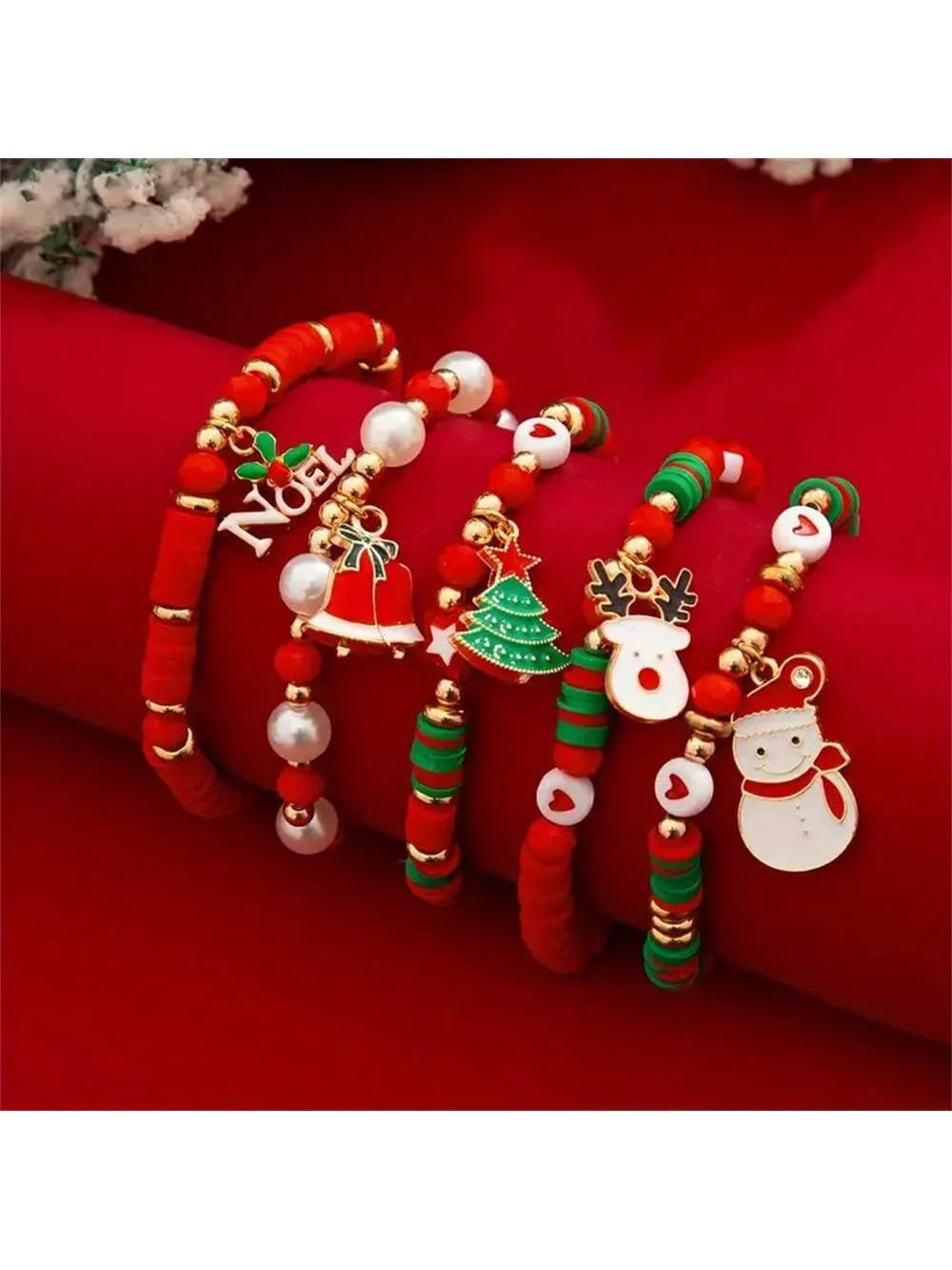 Christmas 6-pack cute elk polymer clay and alloy bracelets in green and red for women's cartoon deer jewellery set