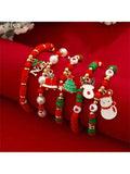 Christmas 6-pack cute elk polymer clay and alloy bracelets in green and red for women's cartoon deer jewellery set