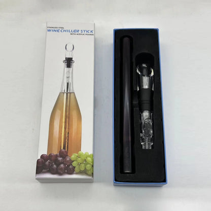 Stainless steel wine chilling rod with leakproof pourer