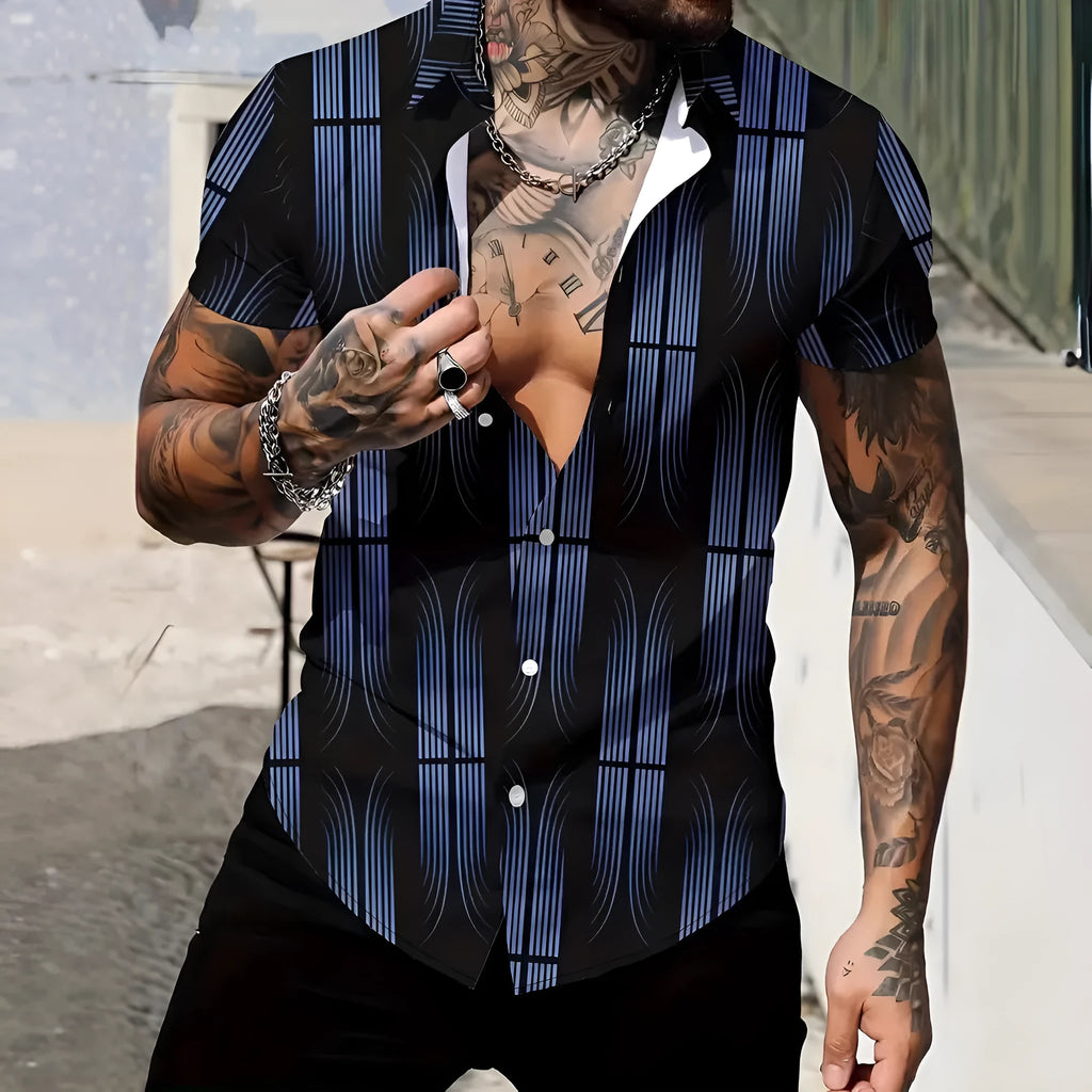 Men's slim fit geometric print short sleeve shirt with lapel collar in lightweight polyester fabric.