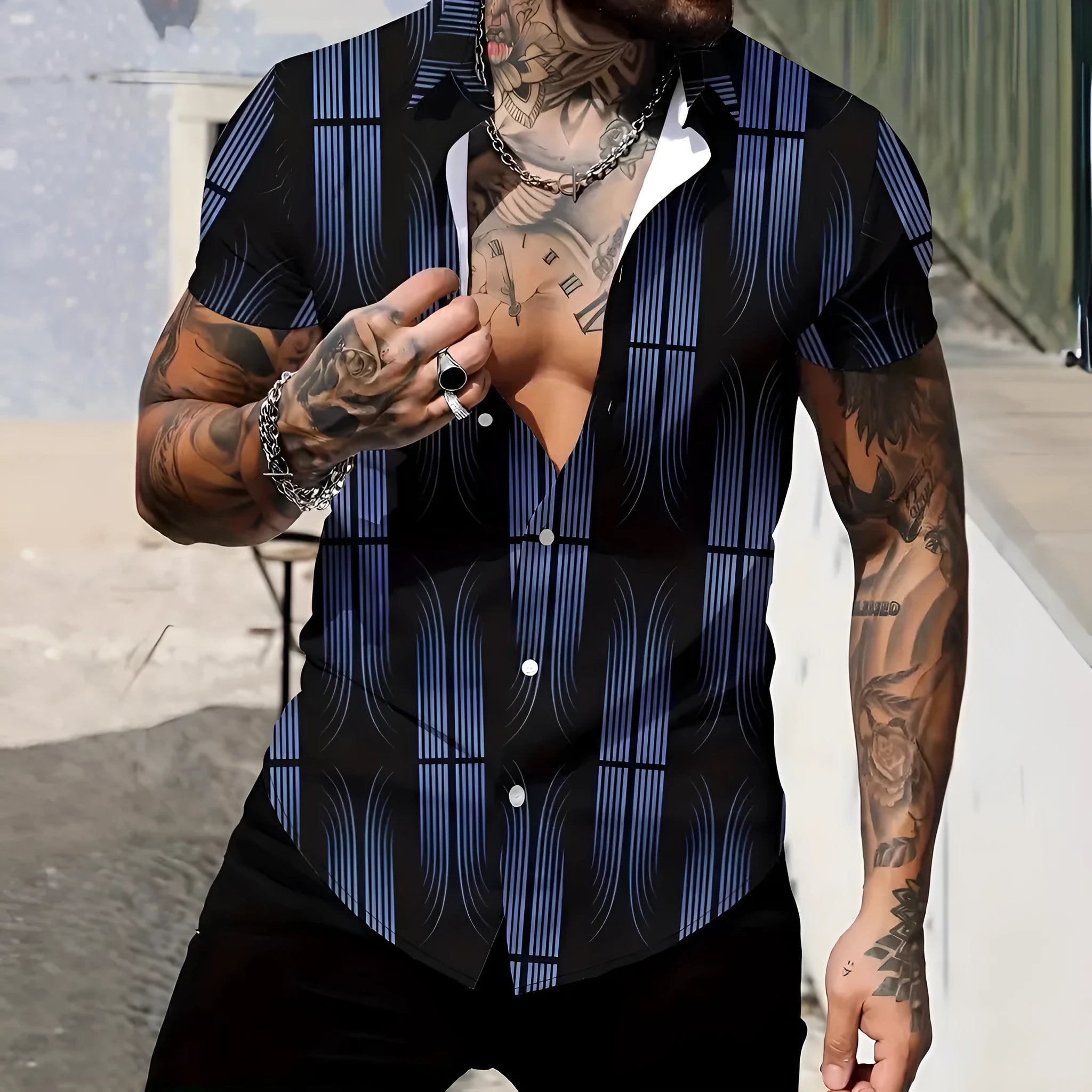 Men's slim fit geometric print short sleeve shirt with lapel collar in lightweight polyester fabric.