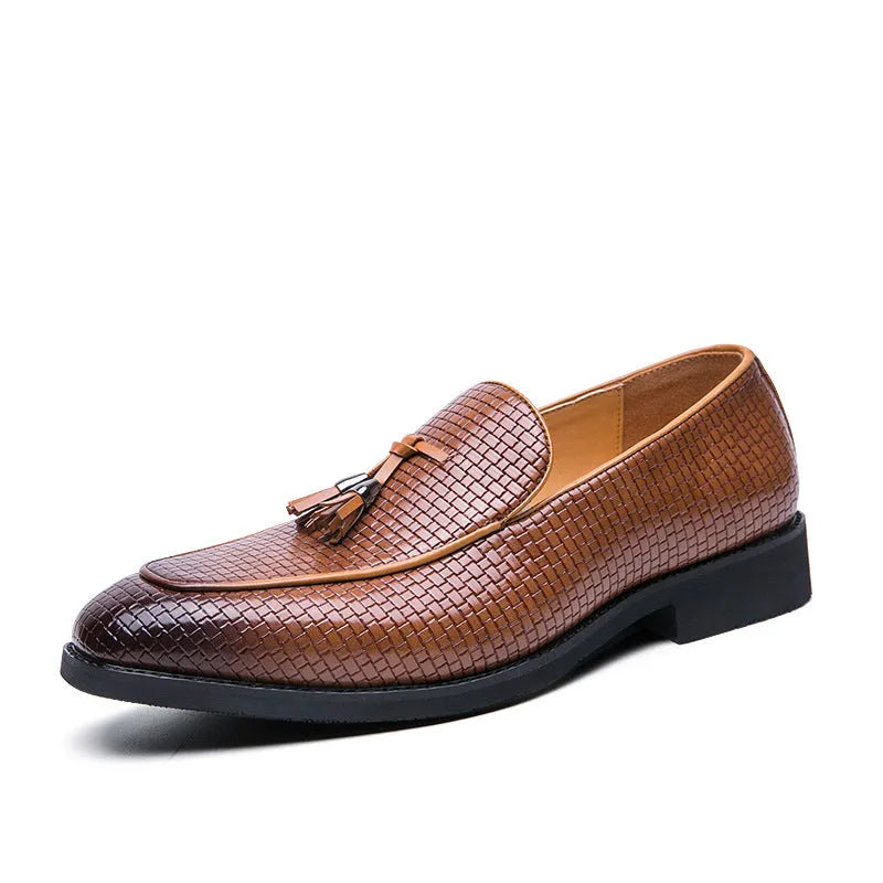 Men's black pointed slip-on shoes with tassel detail on a low-top PU upper