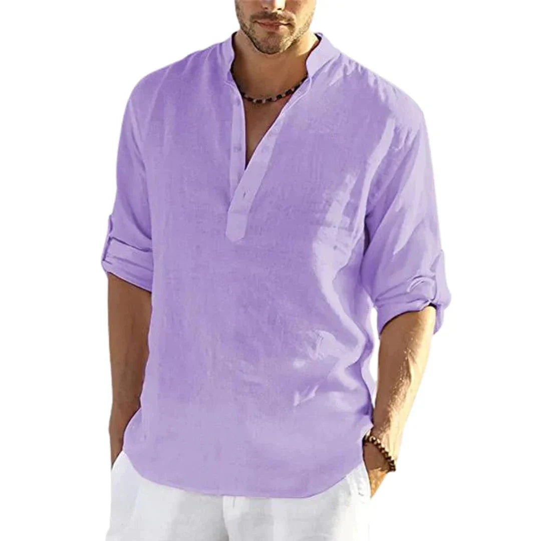 A stylish linen blend long sleeve shirt in various colors, featuring a tailored fit and stand collar design.