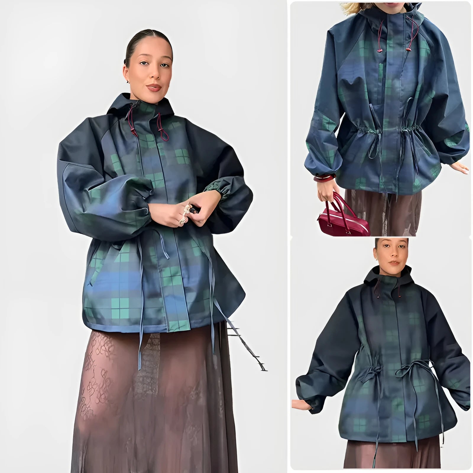 Outdoor hooded fashion plaid loose windbreaker jacket in dark blue polyester, available in sizes S M L XL