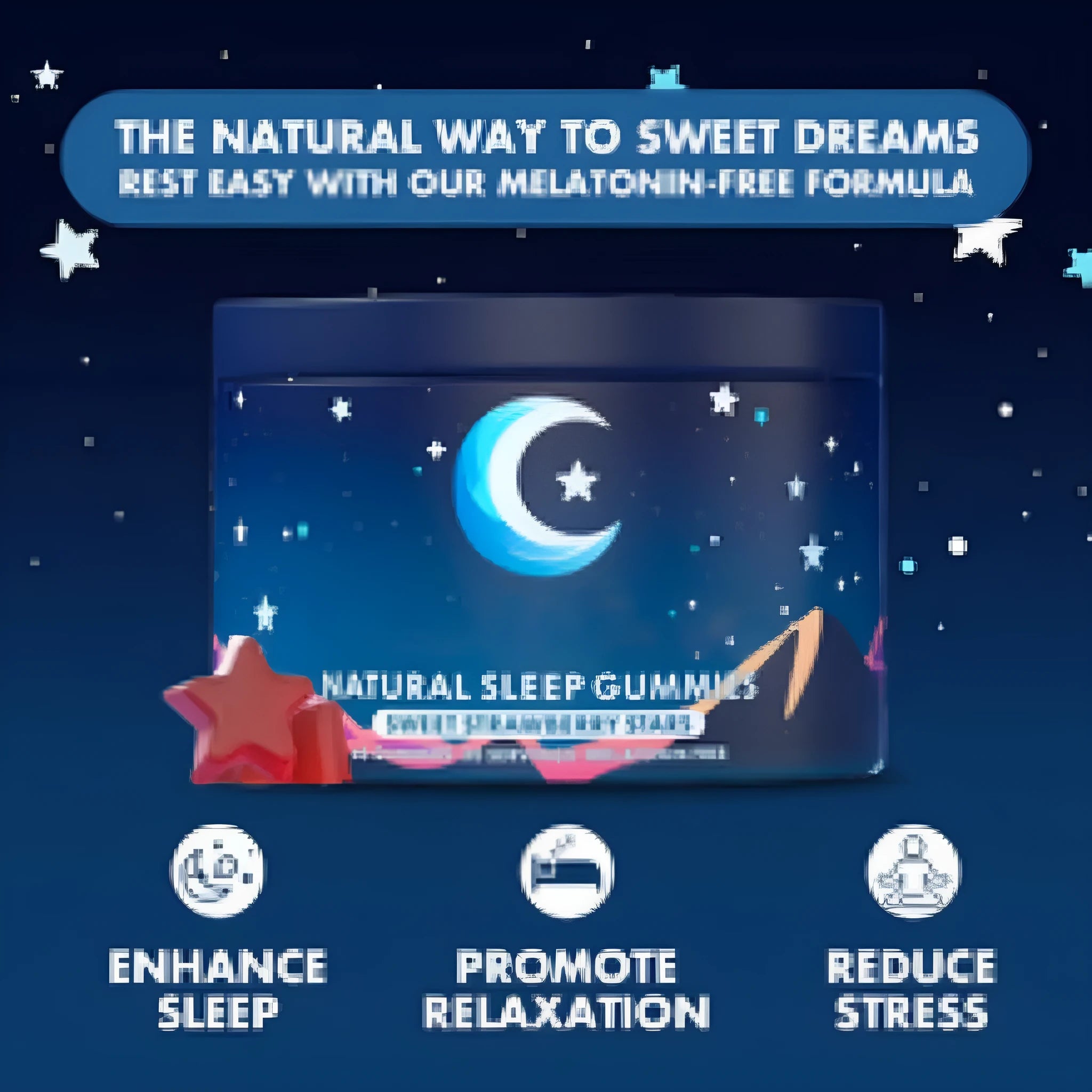 60 melatonin gummy supplements in sealed packaging with soft gel capsules
