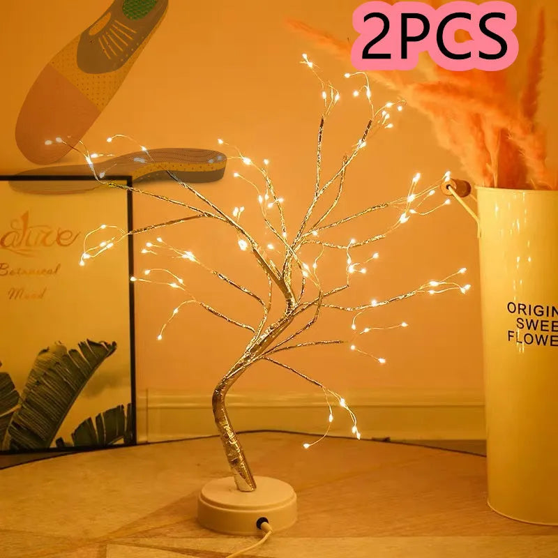 LED copper wire bedroom light with warm glow, silver tree body, and copper wire detail