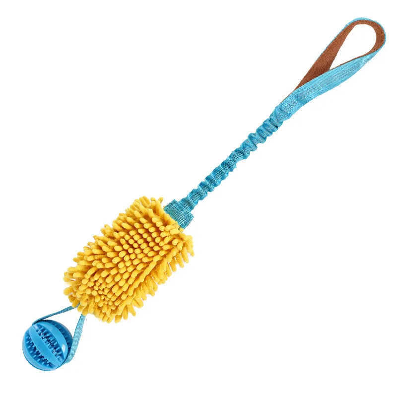 Green, orange, and blue woven polyester bends and hitches dog tug-of-war chew toy on a plain background