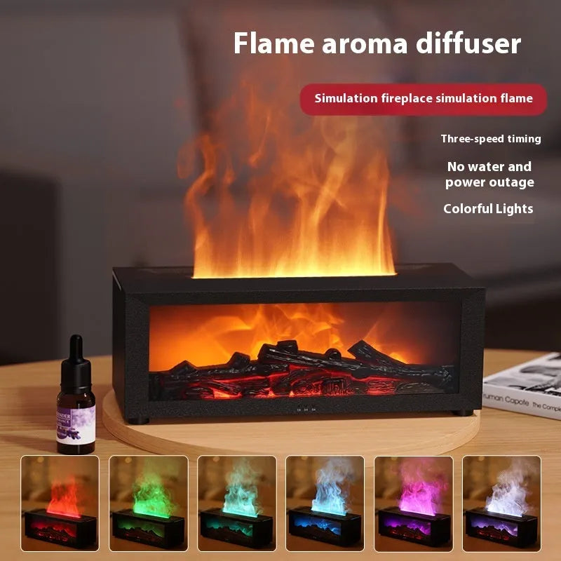 Square flame aromatherapy machine with 3D flame effect and LED lights, includes remote control