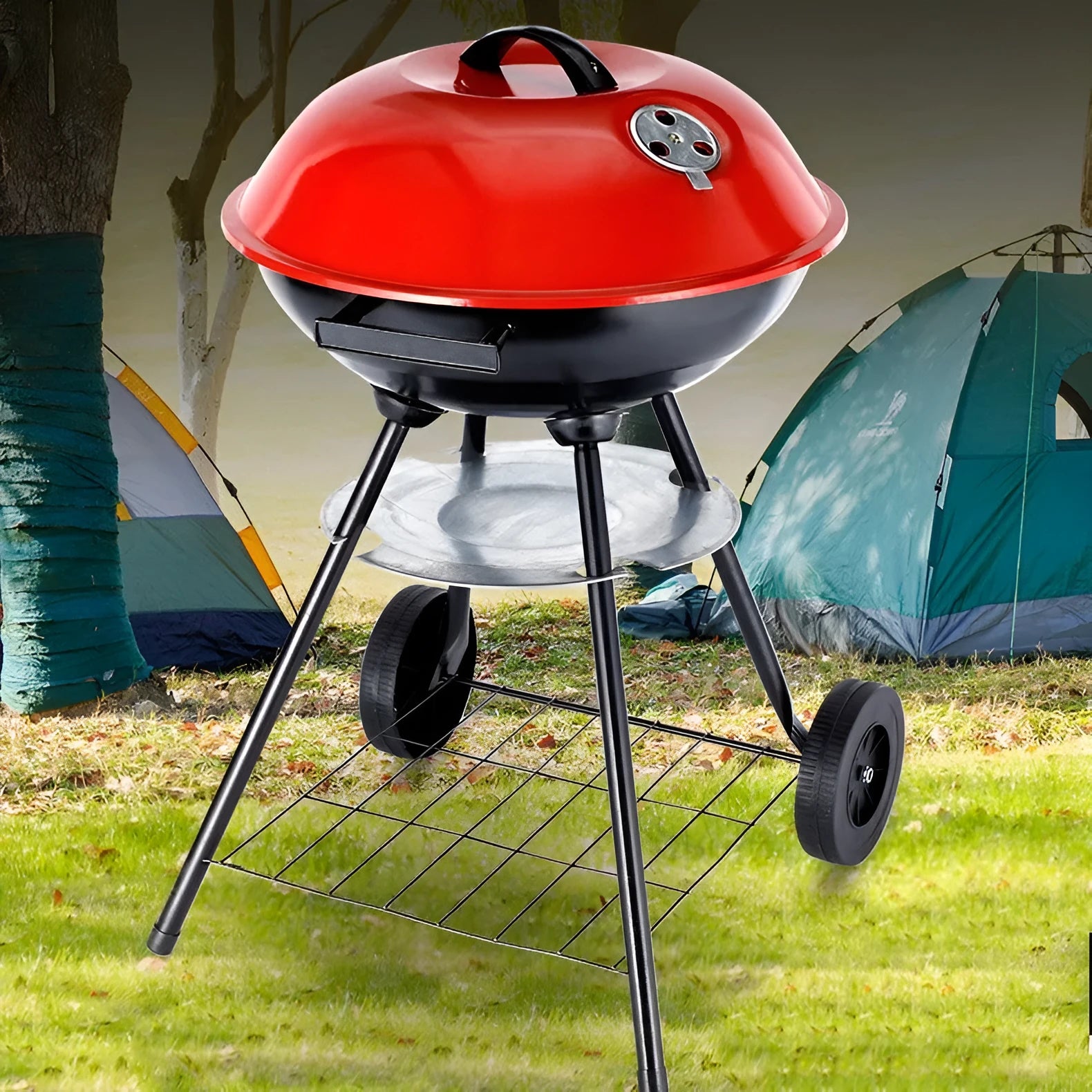 Portable 14-inch iron barbecue grill with a minimalist design on a patio.