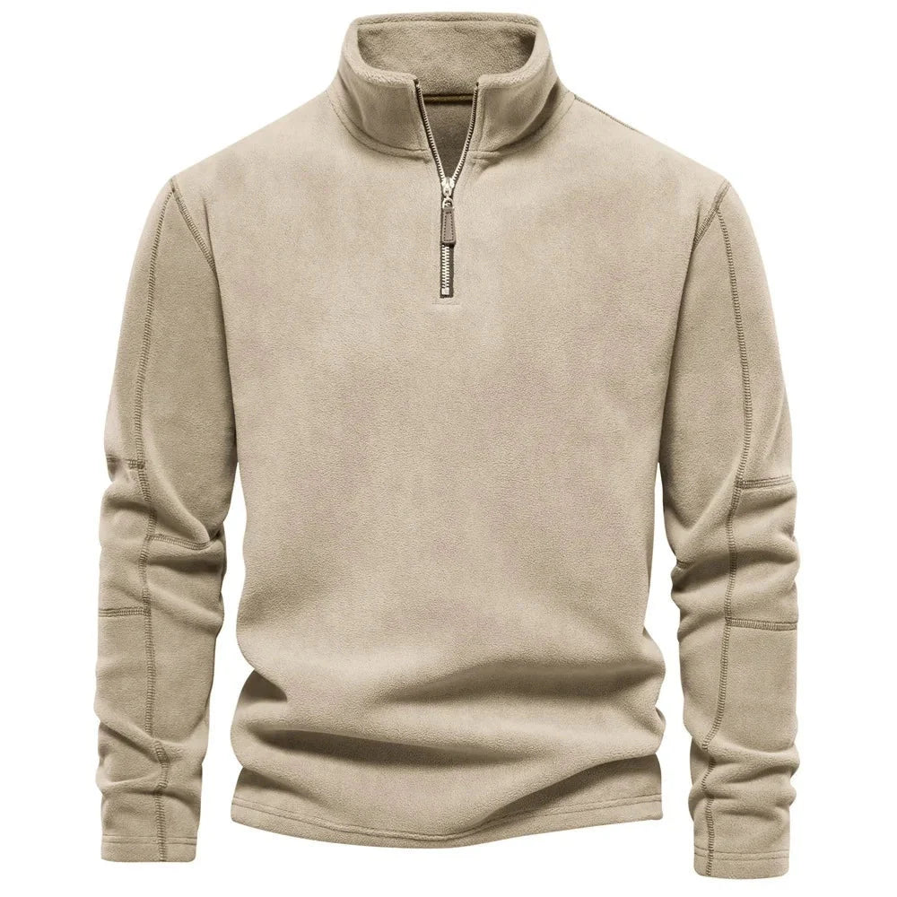 Men's stand-collar zippered fleece sweatshirt in olive green, brown, and dark grey