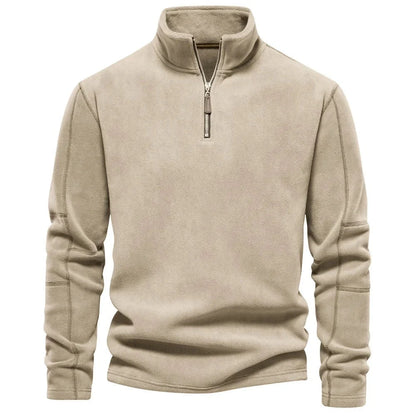 Men's stand-collar zippered fleece sweatshirt in olive green, brown, and dark grey