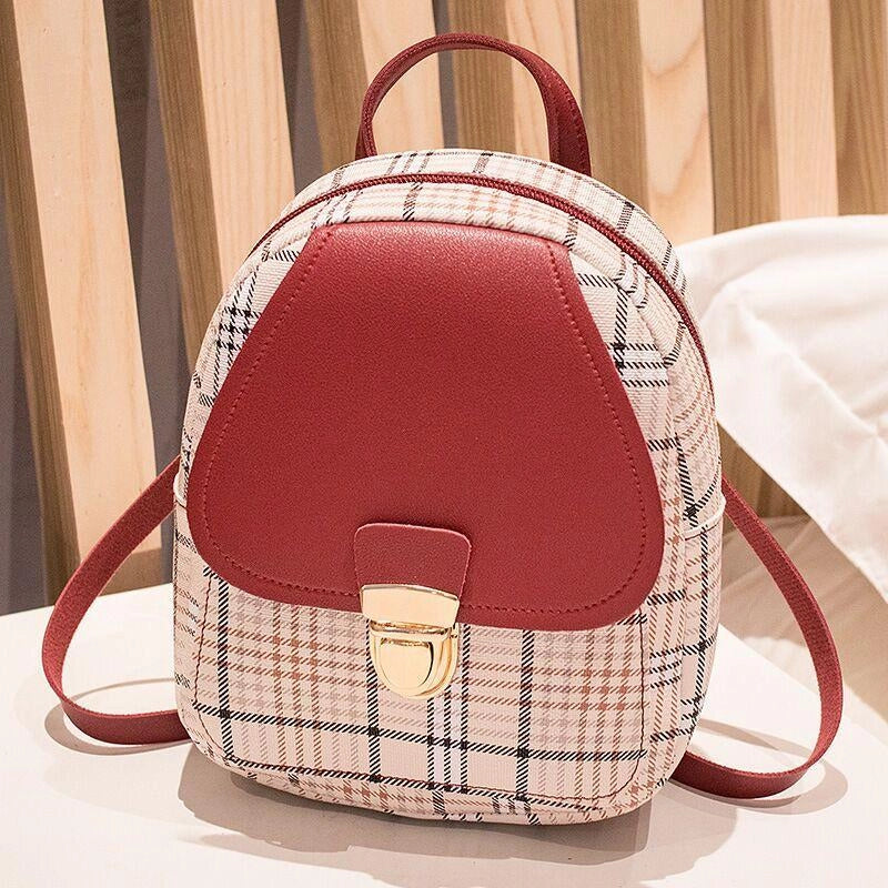Ladies plaid small backpack in various colors, showing front and side views