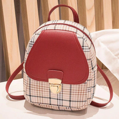 Ladies plaid small backpack in various colors, showing front and side views