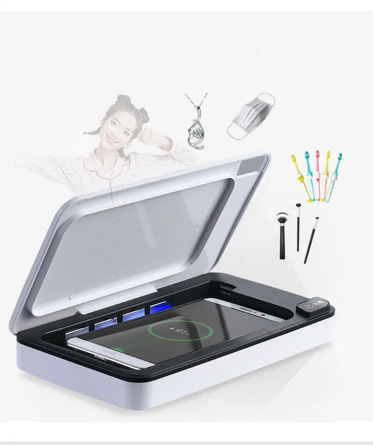 White multifunctional wireless phone charger with UV sterilisation and remote control