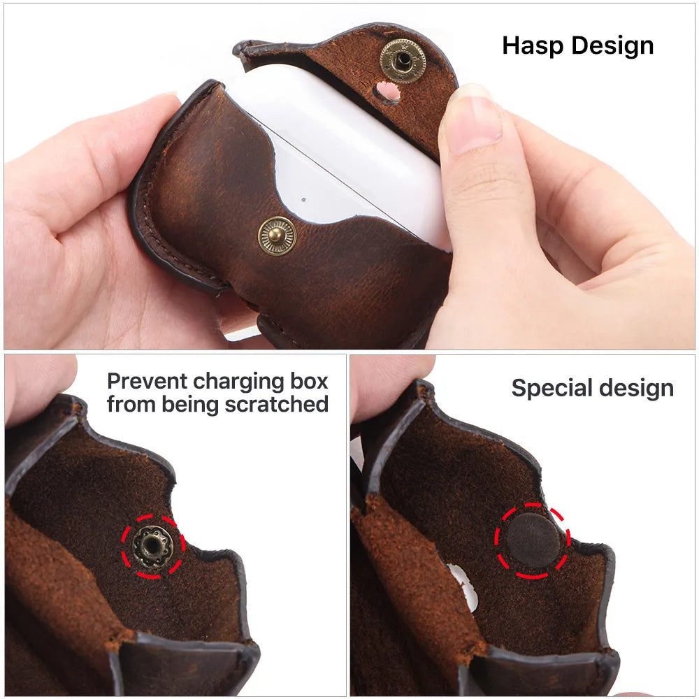 Brown leather AirPods Pro case with vintage clamshell design and crazy horse pattern texture