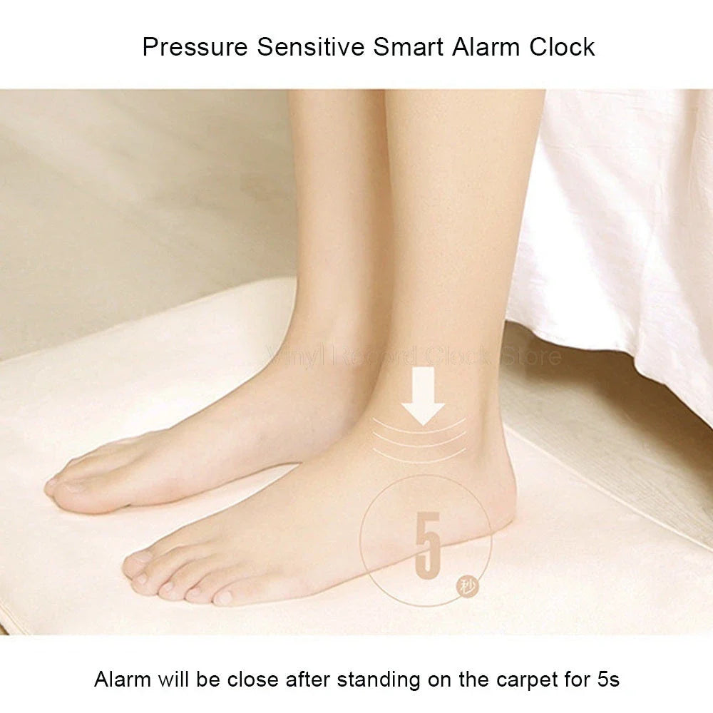 Innovative alarm clock carpet with touch-sensitive design, bright LED display, and high-density memory foam for comfort