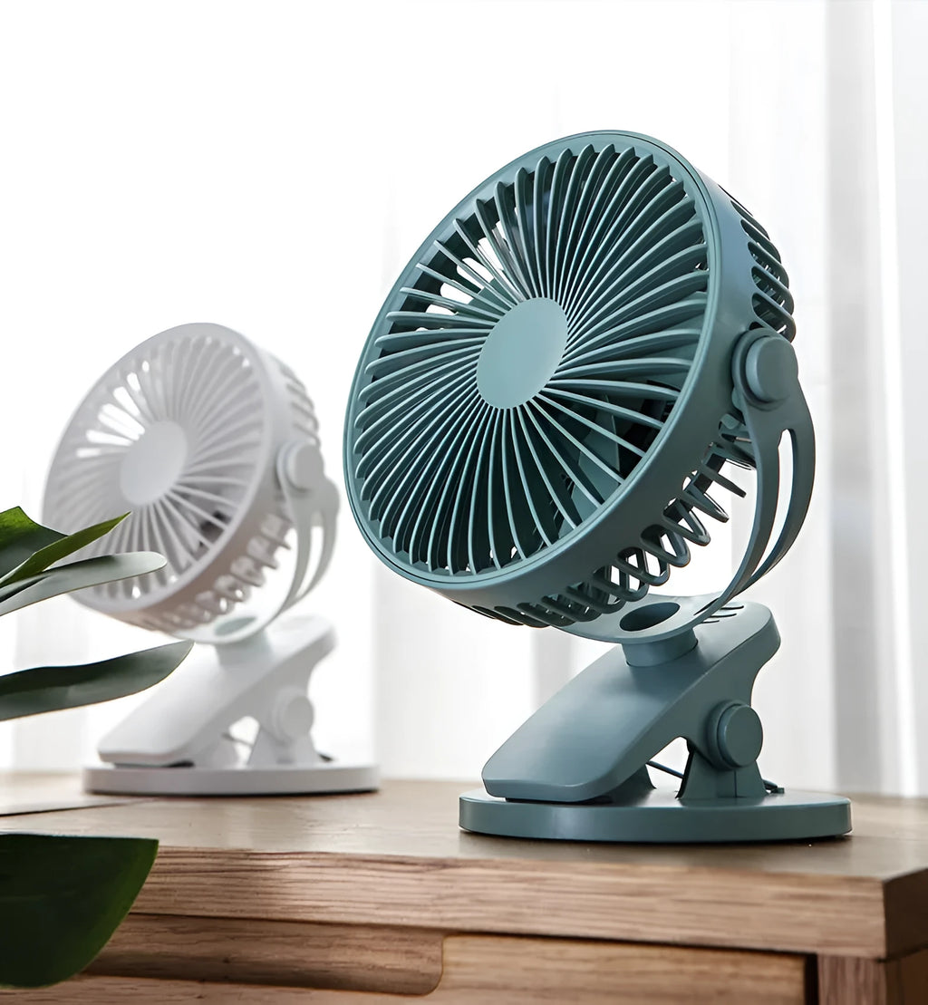 USB clip fan in white mounted on a desk edge with 135mm blades and USB cable