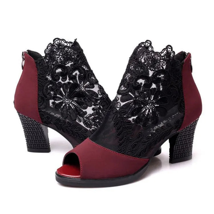 Women's black lace gladiator sandals with square high heel and zip closure side view