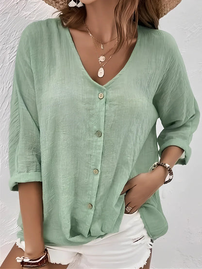 Women's loose V-neck long-sleeved T-shirt in navy blue, button front, polyester fabric, size M with 115cm bust fit