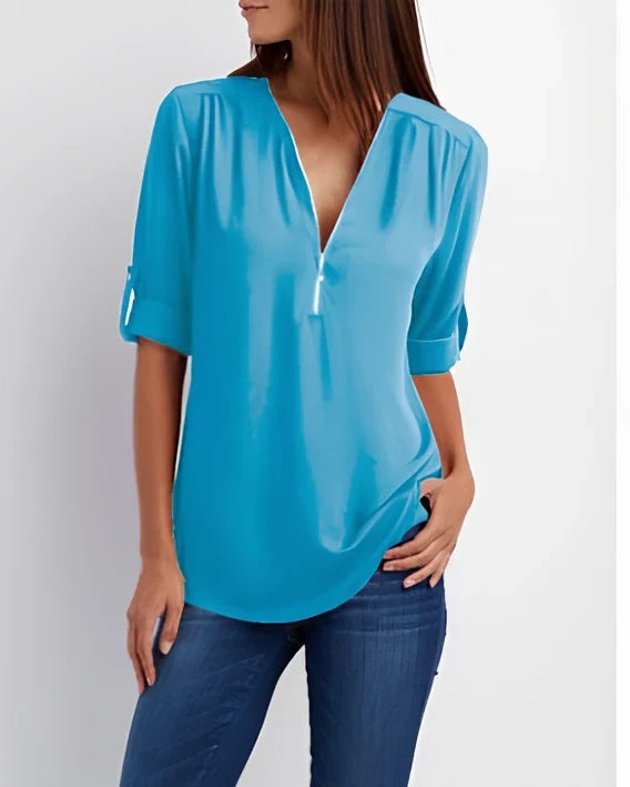 Women's pink zip V-neck short sleeve loose shirt, bust 96cm size S, Dacron fabric in multiple colours