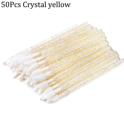 Crystal rod lip brush with synthetic fibre bristles in six colour options on white background