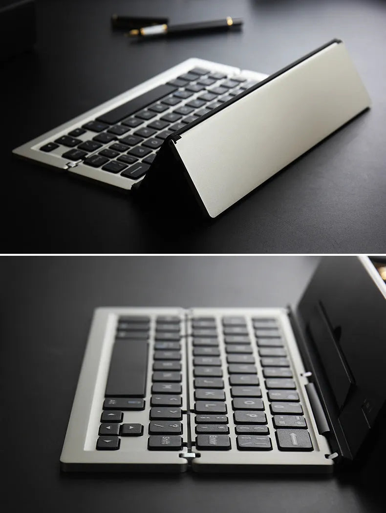 F18 three-fold folding Bluetooth keyboard in silvery finish, folded state, with aluminum alloy body