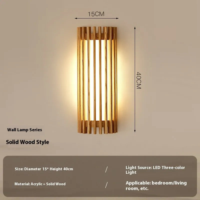 New Chinese style walnut wall lamp with wood art finish in a living room setting