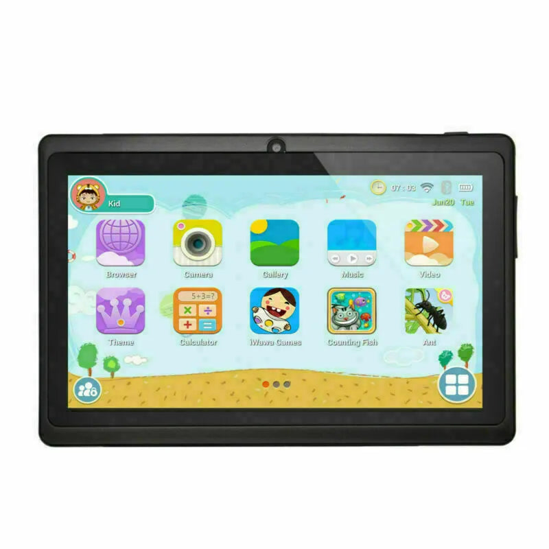Children's smart tablet with 7-inch screen, plastic body, blue colour, front camera visible, on white background