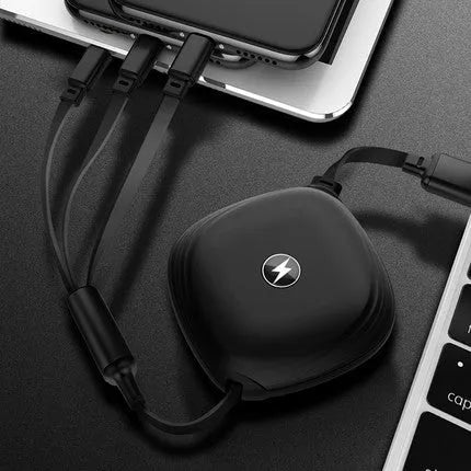 Black telescopic charging cable extended to full length showing three different connector types