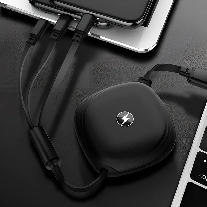 Black 3-in-1 telescopic charging cable extended to 120cm with three titanium alloy connectors for multi-device use