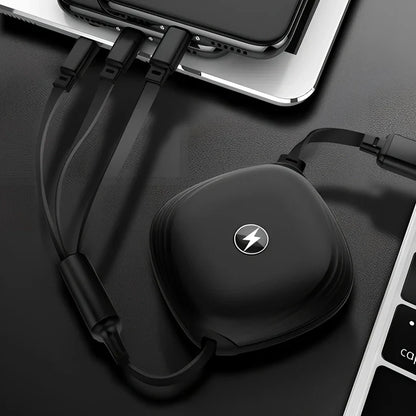Black 3-in-1 telescopic charging cable extended to 120cm with three titanium alloy connectors for multi-device use