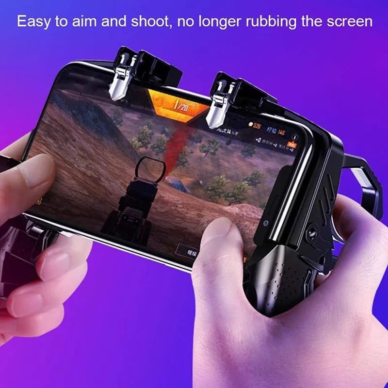 Black multi-function gamepad holding a smartphone, showing trigger buttons and metal rods.
