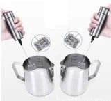 Handheld electric milk frother and blender in silver, with detachable whisk head