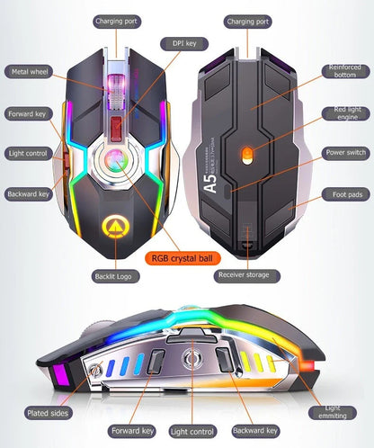Wireless gaming mouse with RGB lighting and mute button in grey and black options