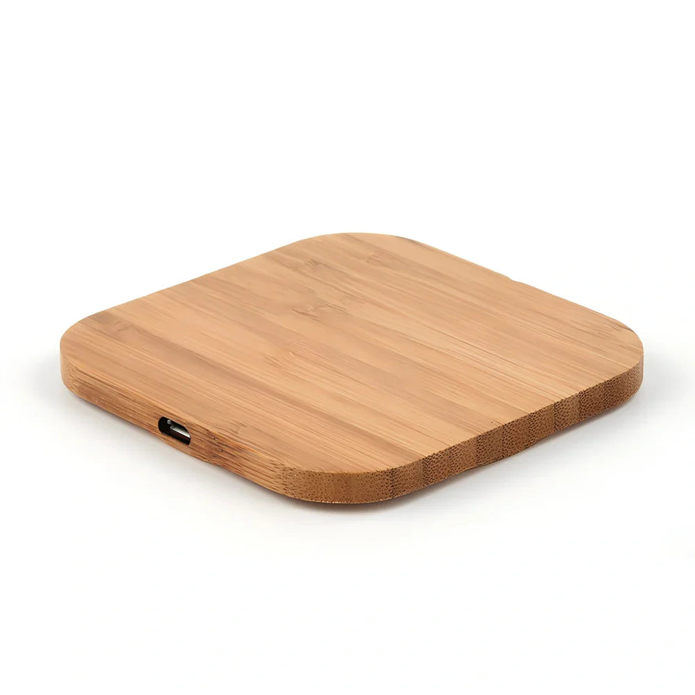 Square wooden bamboo 5W wireless charger in brown, 92x92x8mm with green charging indicator