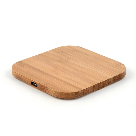 Square wooden bamboo 5W wireless charger in brown, 92x92x8mm with green charging indicator