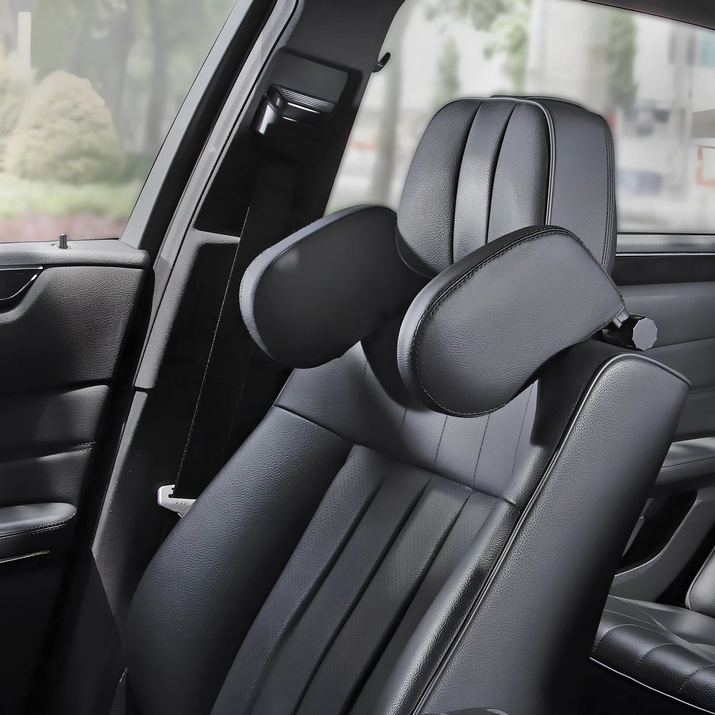 Adjustable car headrest pillow with 36cm bracket and 14cm rotating PU leather cushion