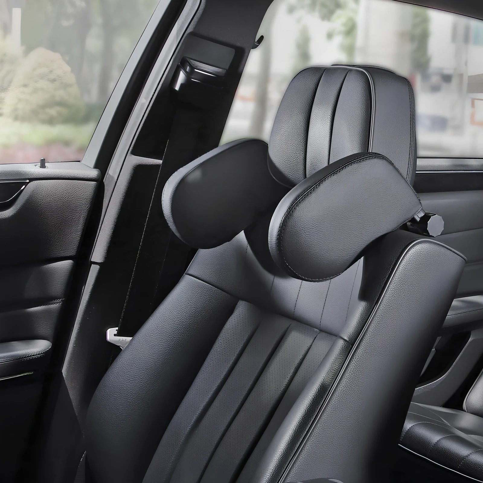 Adjustable car headrest pillow with 36cm bracket and 14cm rotating PU leather cushion