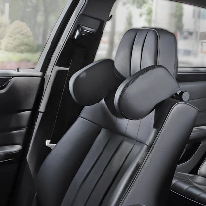Adjustable car headrest pillow with 36cm bracket and 14cm rotating PU leather cushion