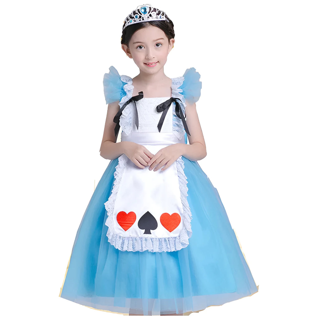 Girls blue Halloween princess dress with cotton chiffon fabric and short sleeves on display