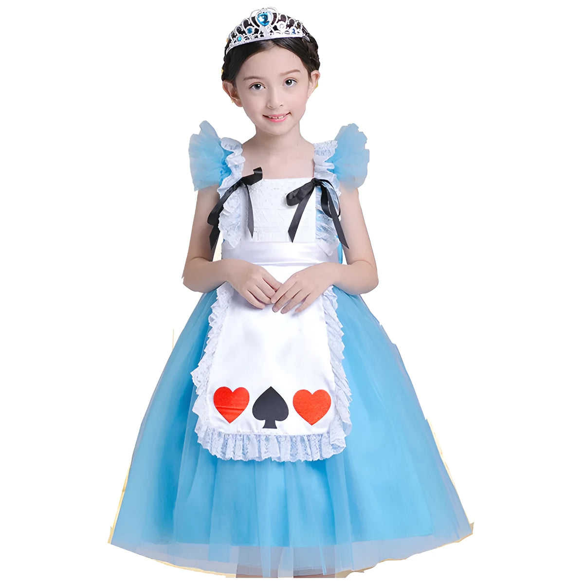 Girls blue Halloween princess dress with cotton chiffon fabric and short sleeves on display