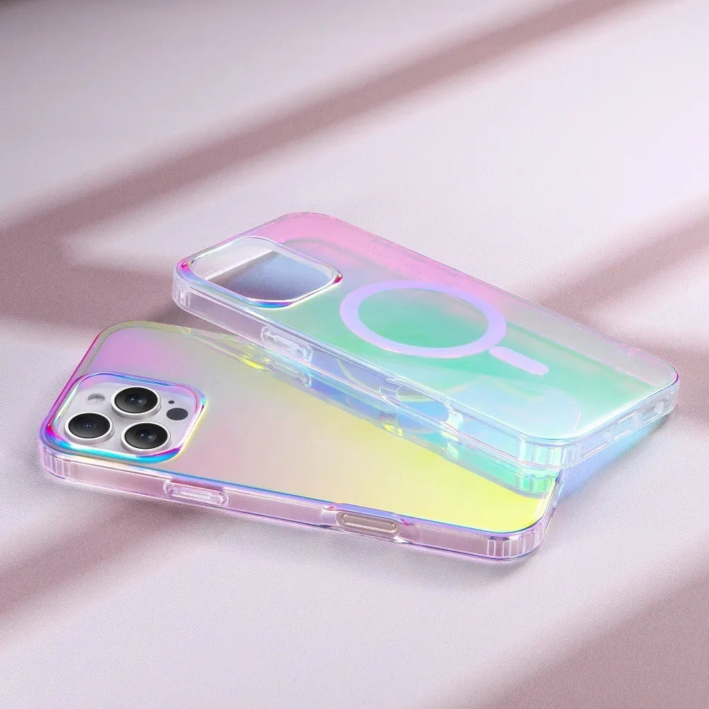 Glossy chameleon colour-changing magnetic suction case for iPhone on a white background
