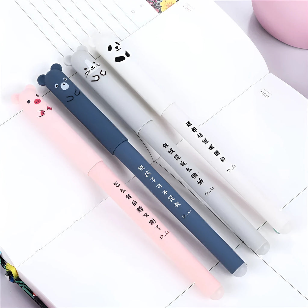 Erasable gel pen with 0.5mm tip, plastic shell, and refills in black, blue, and red ink sets.