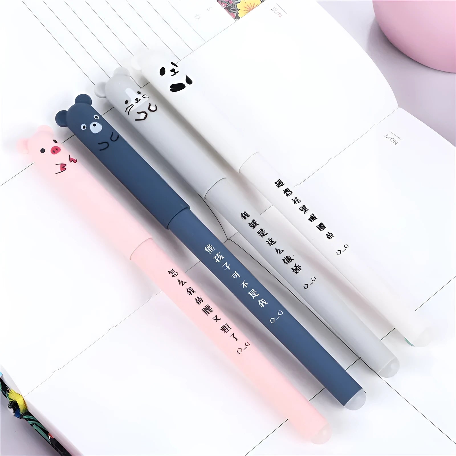 Erasable gel pen with 0.5mm tip, plastic shell, and refills in black, blue, and red ink sets.