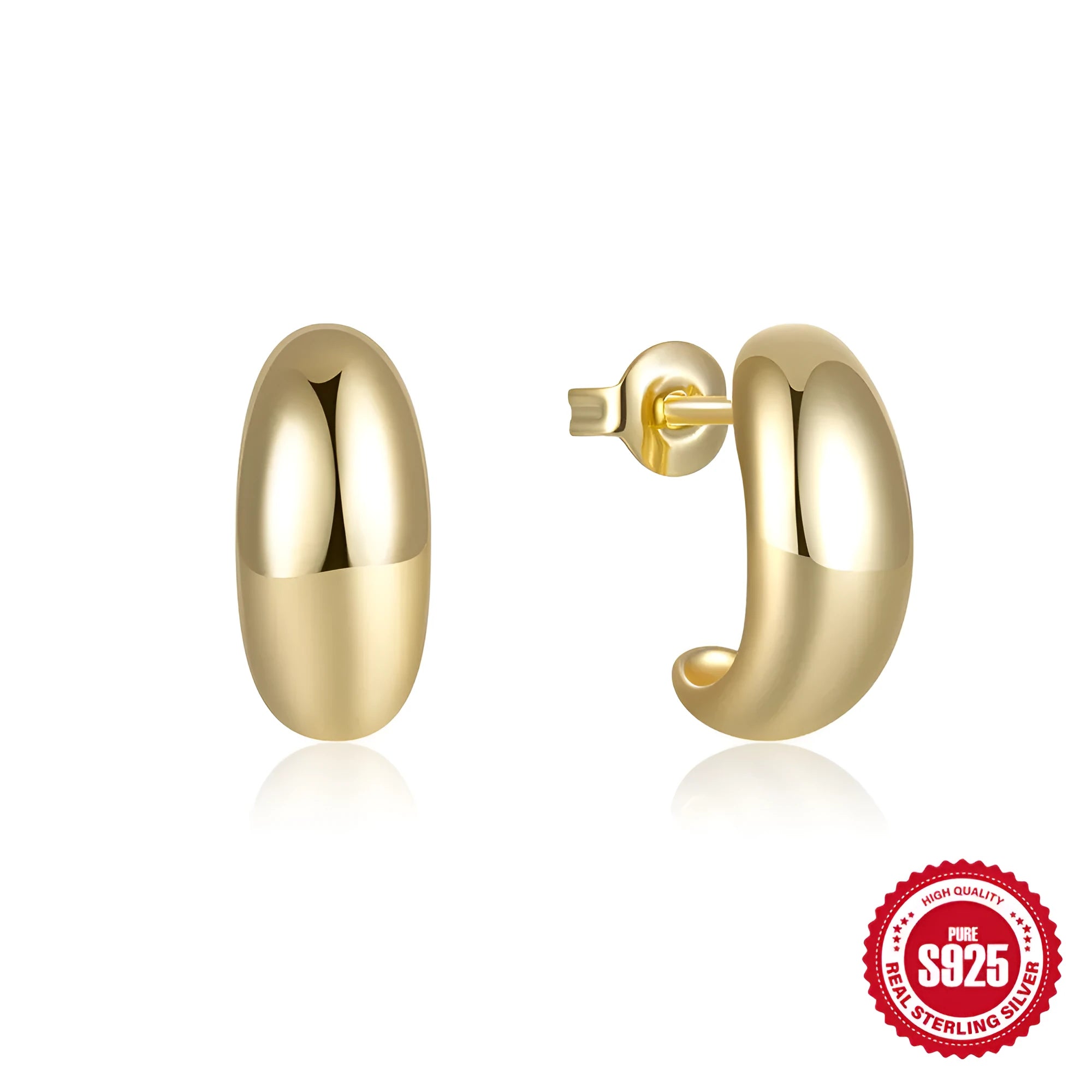 C-shaped geometric stud earrings in 925 sterling silver with glossy gold electroplated finish