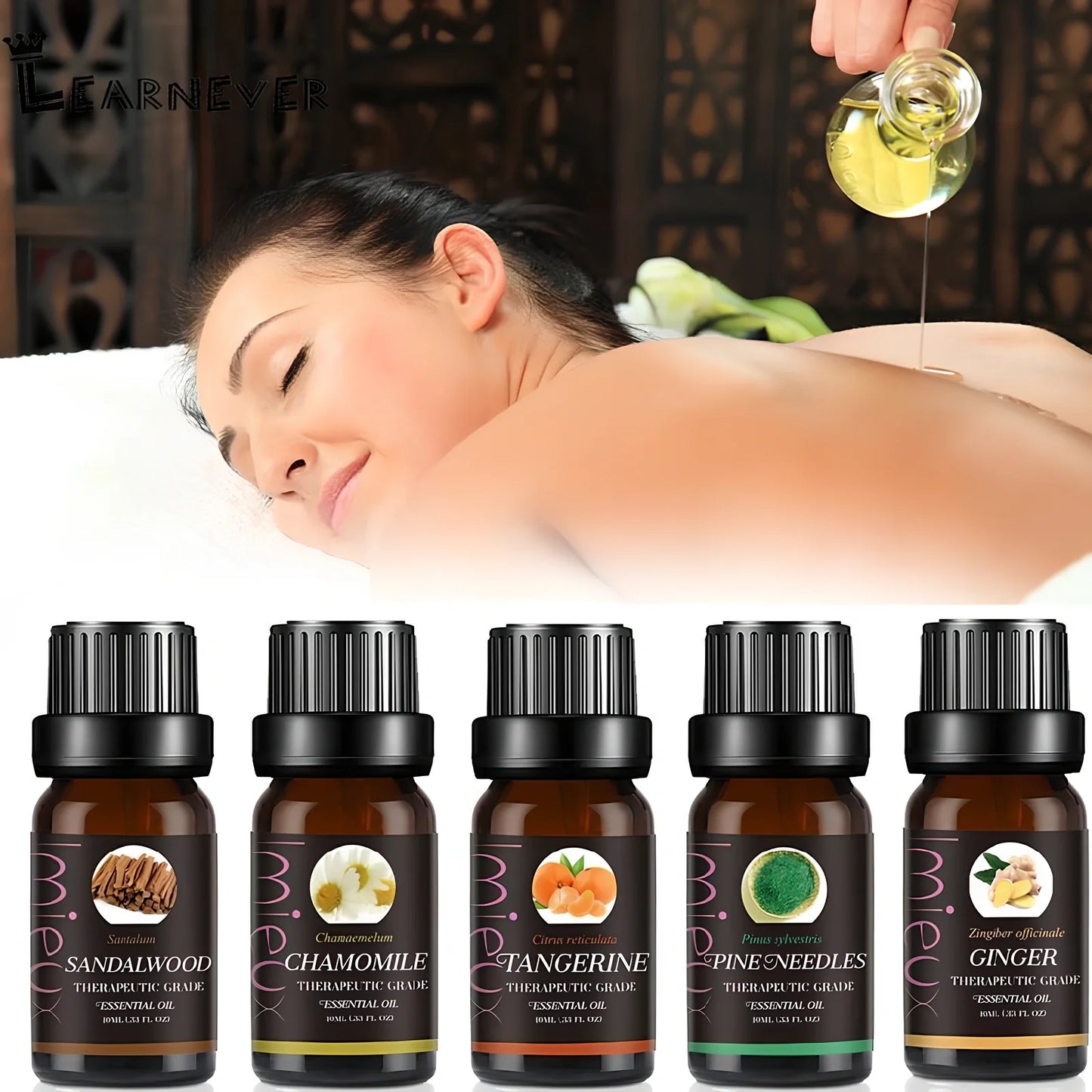 10ml dark glass bottle of therapeutic essential oil blend with lavender, citrus, and mint oils