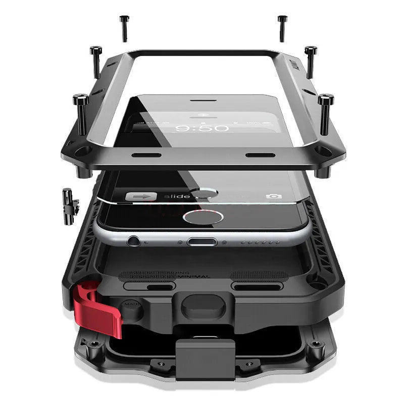 Aluminium alloy anti-drop phone case in black, compatible with iPhone and Samsung Galaxy models